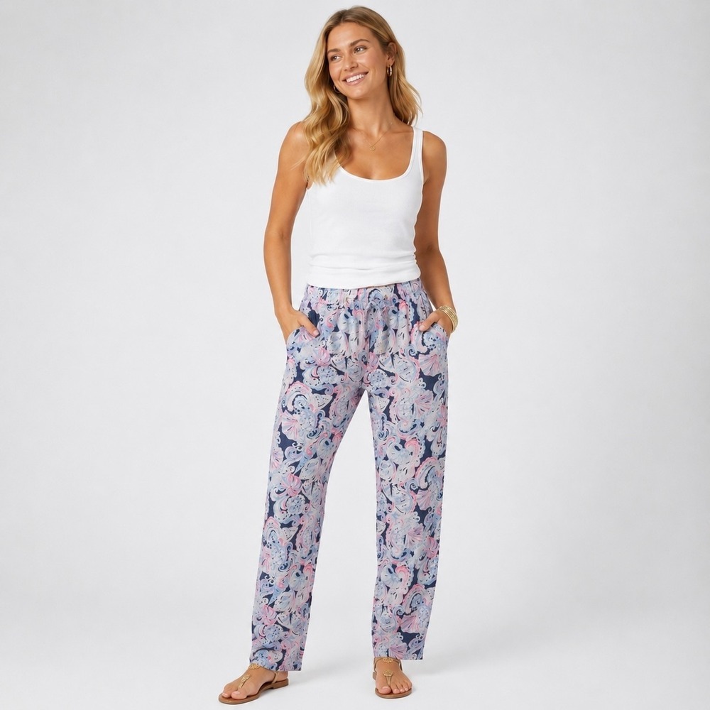 Lilly Pulitzer Taron Pull On Linen Pants Women S Blue Pink Seashell Print Resort
